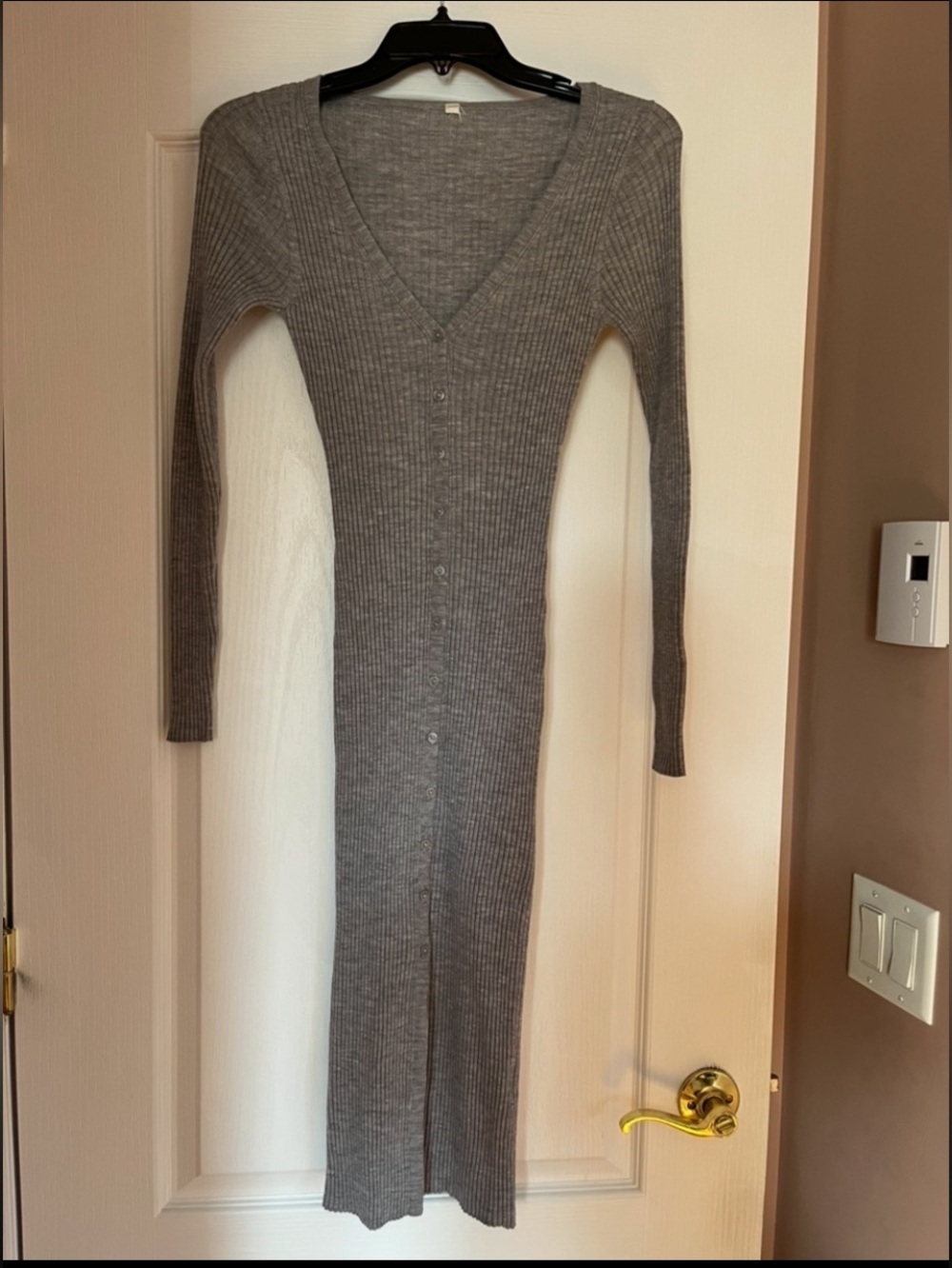 Babaton Gray Ribbed Midi Button-Through Dress